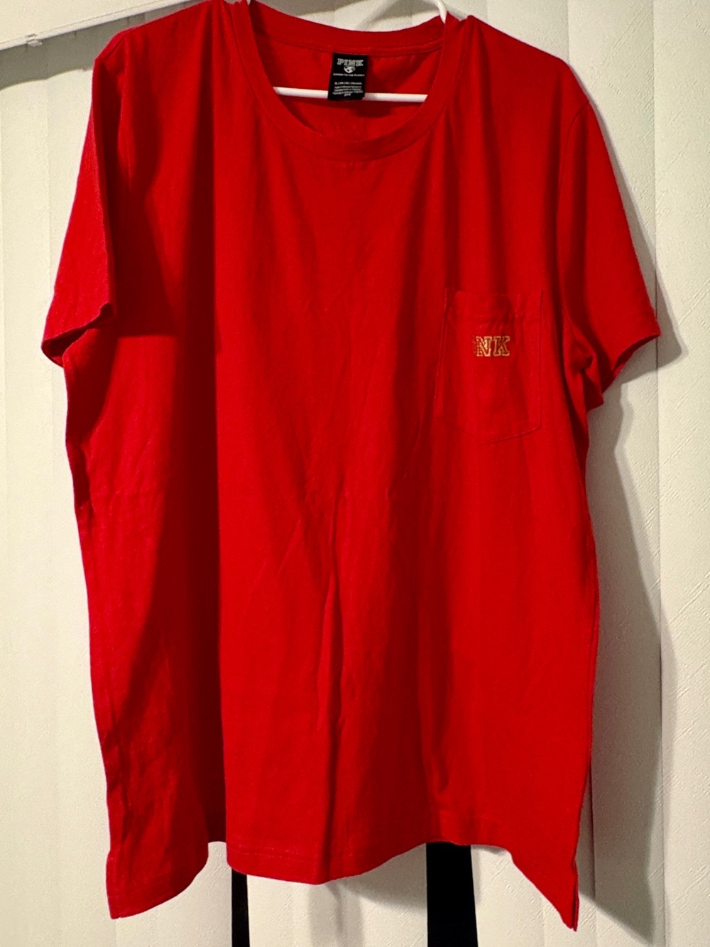 PINK Victoria's Secret Bright Red Short Sleeve Pocket Tee with NK Embroidery
